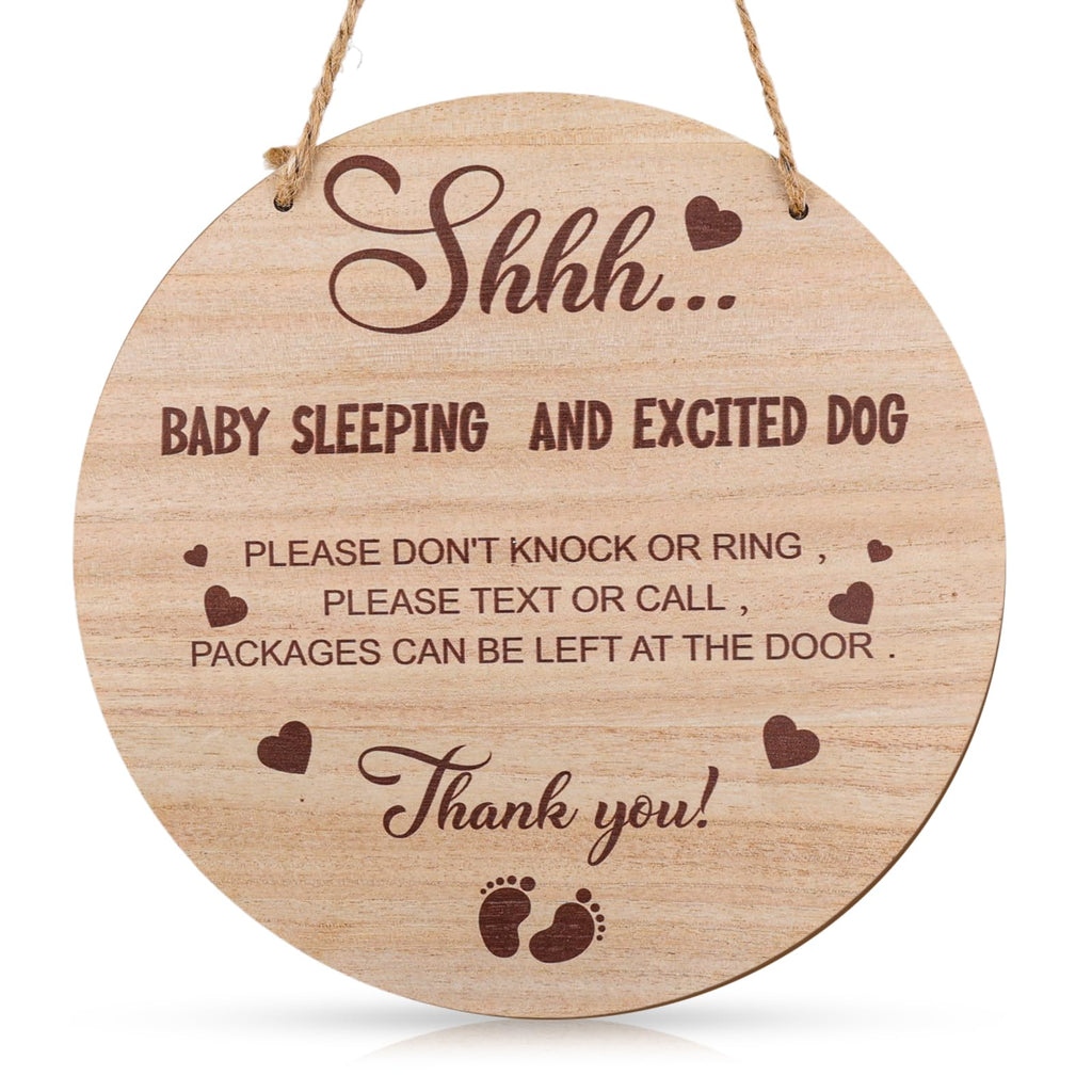 Shhh Baby Sleeping Door Sign, 10 Inch Do Not Knock or Ring Doorbell Wooden Baby Sleeping Hanging Sign Plaque with Hemp Rope Door Hanger for Front Door Nursery Bedroom Baby Room