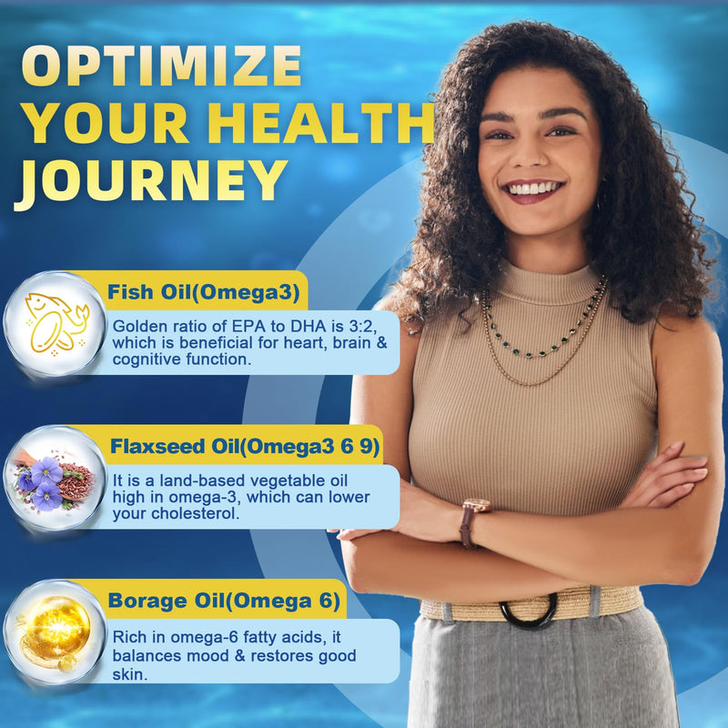 [Australia] - Triple Omega 3-6-9 Fish Oil 2000mg with Vitamin E - EPA & DHA Fatty Acids Supplement - Supports Heart, Brain, Eye, Skin & Immune Health - Includes Flaxseed & Borage, Non-GMO, 120 Softgels 