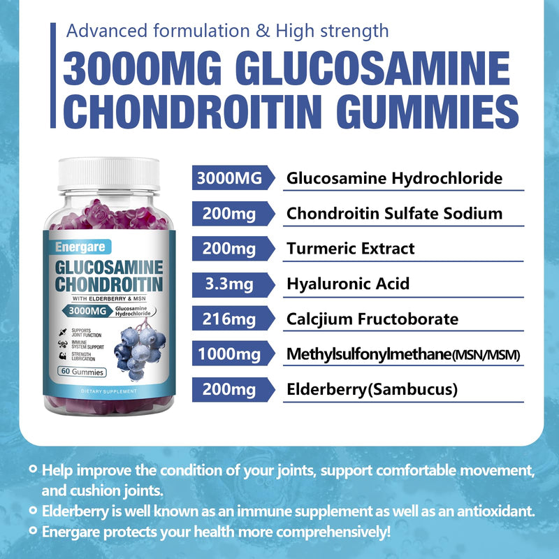 [Australia] - 2 Pack 3000mg Glucosamine Chondroitin with MSM Gummies & Elderberry, Extra Strength Joint Support Health, Flexibility, Antioxidant, Immune Supplement Gummy for Adults, Men & Women 120 Counts 60 Count (Pack of 2) 