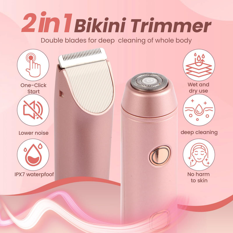 [Australia] - Bikini Trimmer for Women 2-in-1 Electric Razors for Pubic Hair Painless Wet & Dry Use Dual Head Electric Shaver for Women Support 60 Minutes Runtime for Facial Hair Removal & Body & Intimate Areas 