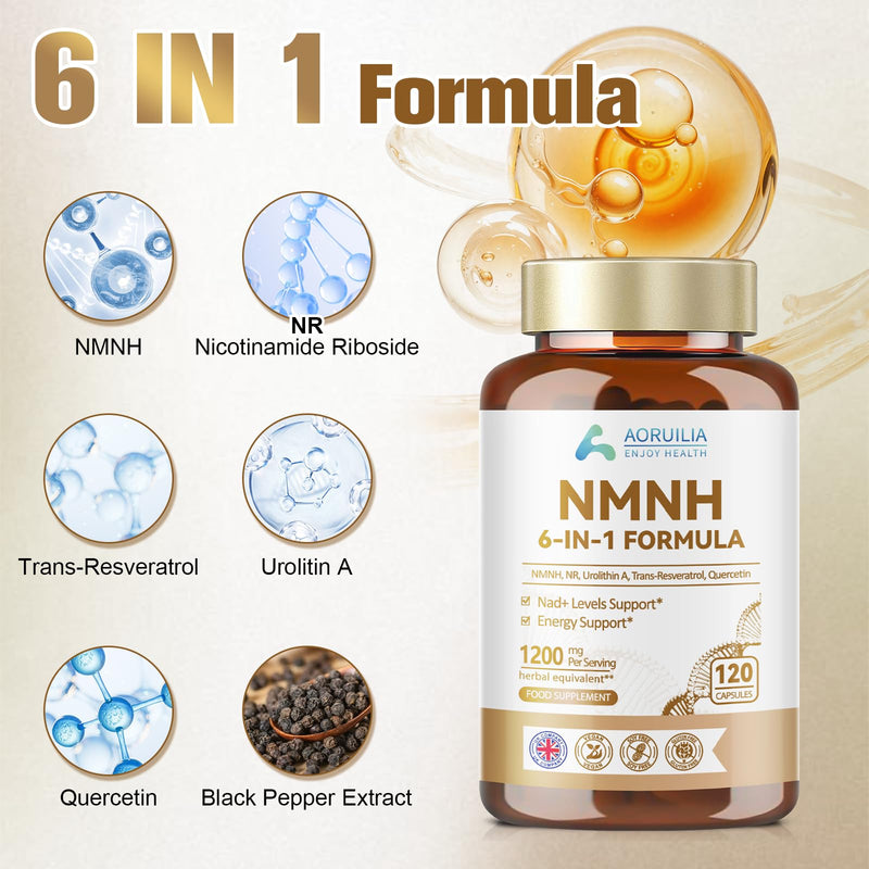NMNH Supplement 1200mg, 6 in 1 NAD Alternative & Trans-Resveratrol Superior Antioxidant Blend with Max Absorption for NAD+ Booster & Energy Support, 120 Capsules 120 count (Pack of 1)