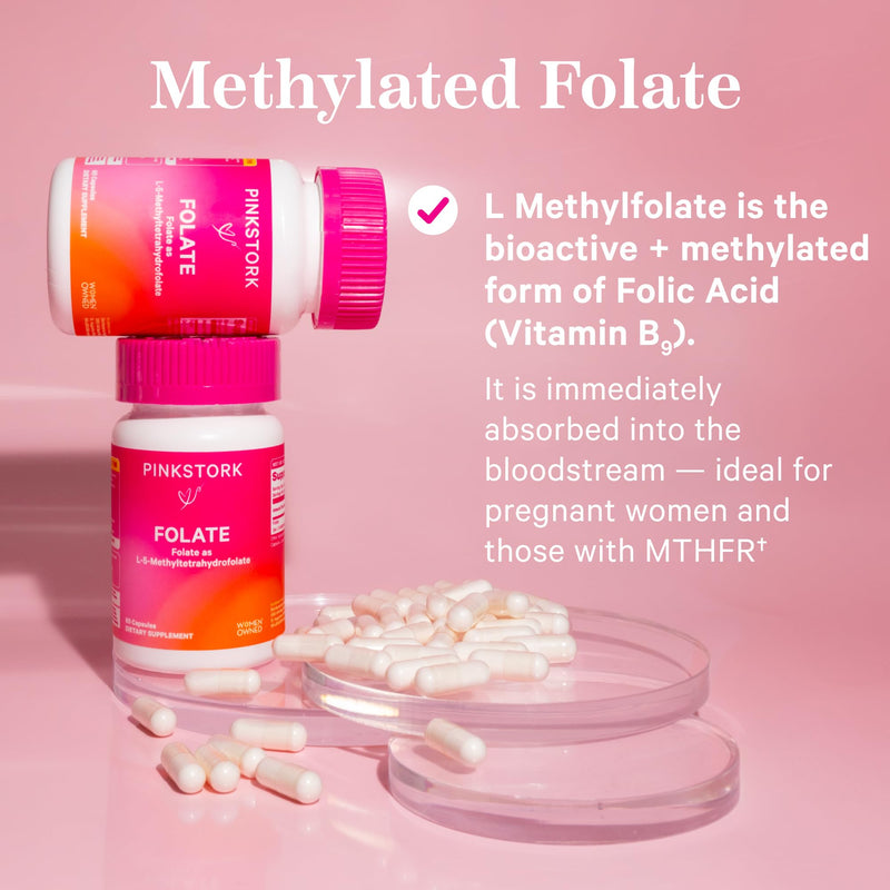 [Australia] - Pink Stork Folate: Methyl Folate - MTHFR Acid, Natural Form of Folic Acid for Pregnancy, Formulated for Mom + Baby, Women-Owned, 60 Capsules 