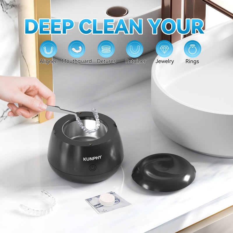 [Australia] - KUNPHY Ultrasonic Retainer Cleaner, 48kHz Denture Cleaner Machine with Cleaning Tablets, Water-Proof Dental Cleaning Pod for Deep Cleaning Night Guard, Mouth Guard, Aligner, Jewelry, Black 