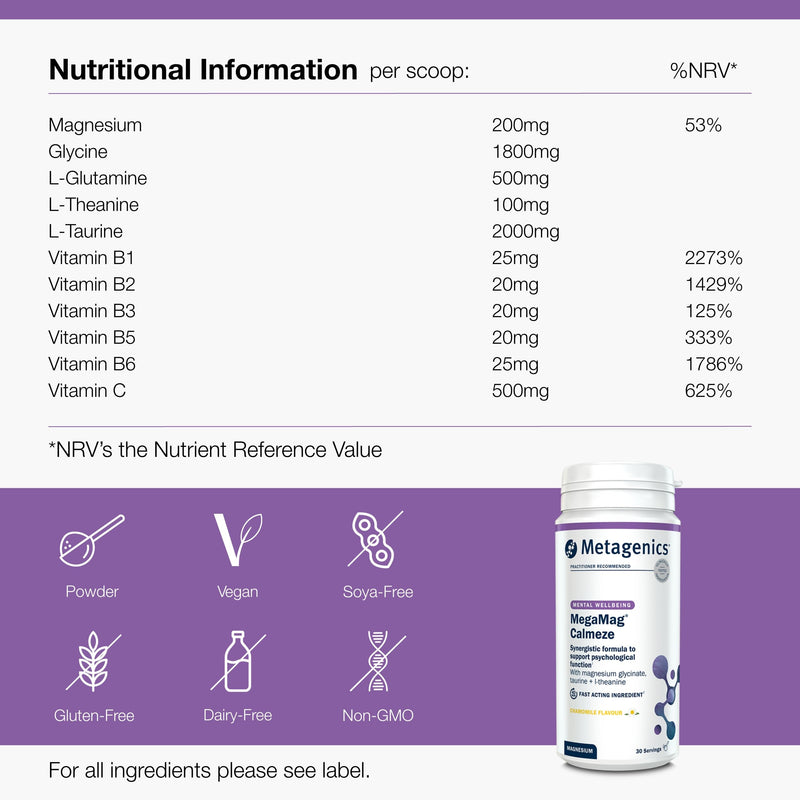 Metagenics MegaMag Calmeze Magnesium Powder - High Potency Magnesium Glycinate for The Reduction of Fatigue & Tiredness - Chamomile - 30 Servings