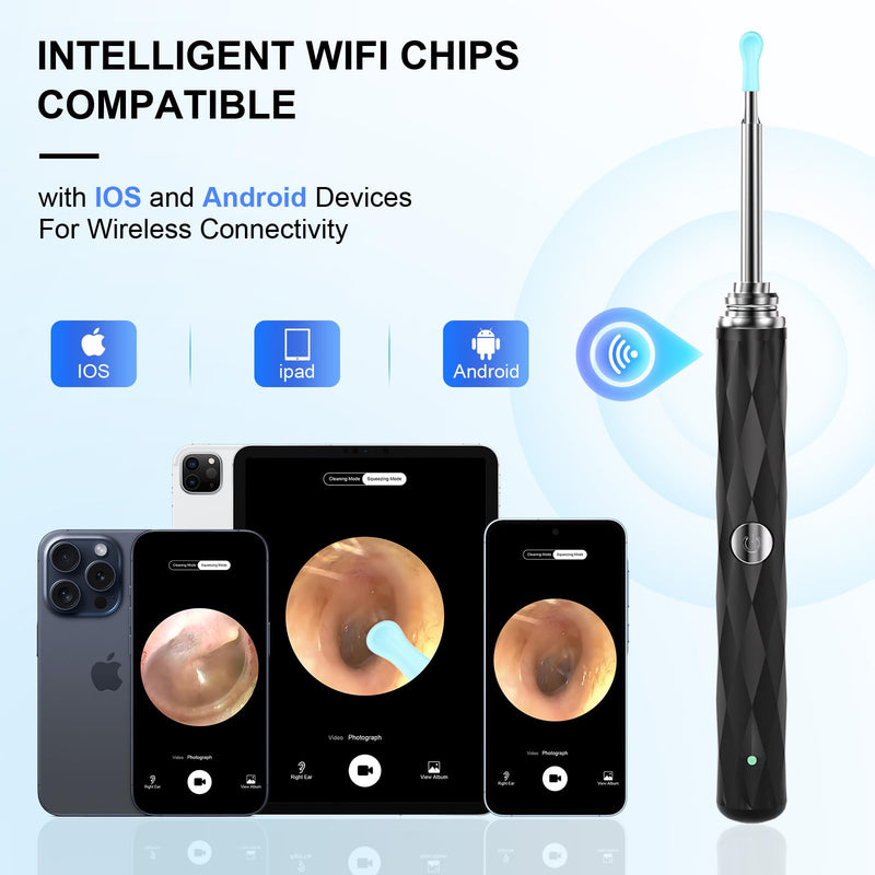 [Australia] - High-Definition Ear Wax Removal, Wireless Ear Cleaner, Safe and Gentle Ear Wax Removal Kit, Rechargeable Ear Cleaner with Camera and Light, Ear Cleaning Kit for Android and iOS (Black) Black 