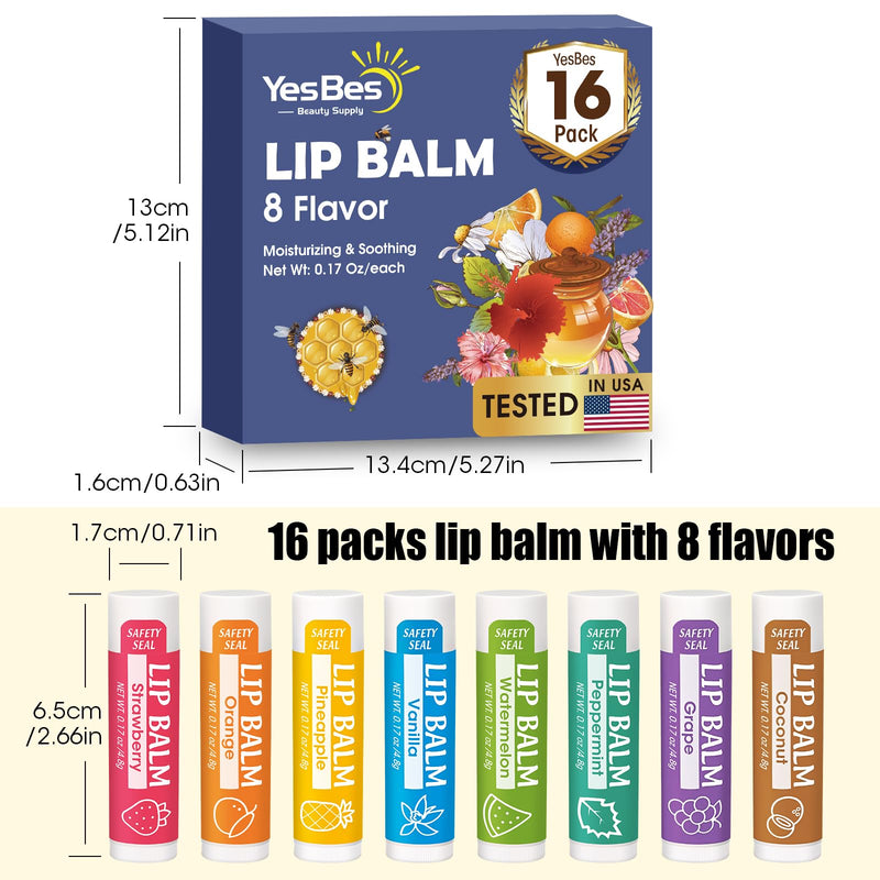YesBes 16 Pack Lip Balm, Natural Lip Balm Bulk with Vitamin E and Coconut Oil, Moisturizing Lip Balms for Dry Cracked Lips, Lip Balms for Mothers Day Gifts Stocking Stuffers - 8 Flavors B-16P