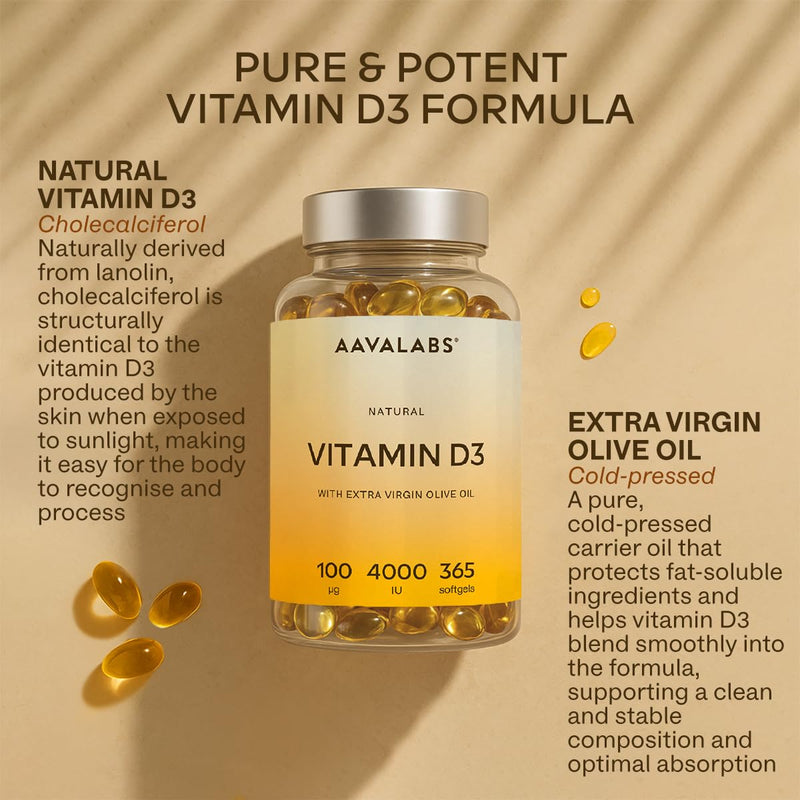 Vitamin D3 4000 IU - with Extra Virgin Olive Oil for Optimum Absorption - High Strength Vitamin D Supplement Contributes to Bone, Muscle and Immune Function - 365 Vitamin D Capsules