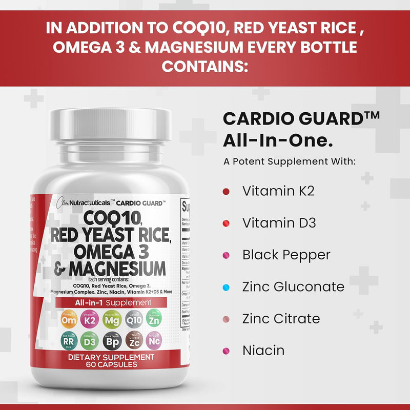 [Australia] - COQ10 200mg Red Yeast Rice 3000mg Omega 3 3000mg Magnesium Complex 500mg Niacin Zinc Vitamin K2 D3 - Heart Health Support Vitamins for Women and Men with Vitamin B3, Coenzyme Q10-60 Ct 