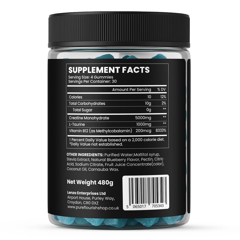 Creatine Gummies 5000mg Creatine monohydrate with 1000mg L-Taurine & 200mcg Vitamin B12 per Serving. (1 Month Supply). Vegan, Sugar-Free Gym Support for Performance & Muscle Power. Blueberry 1 count (Pack of 120)