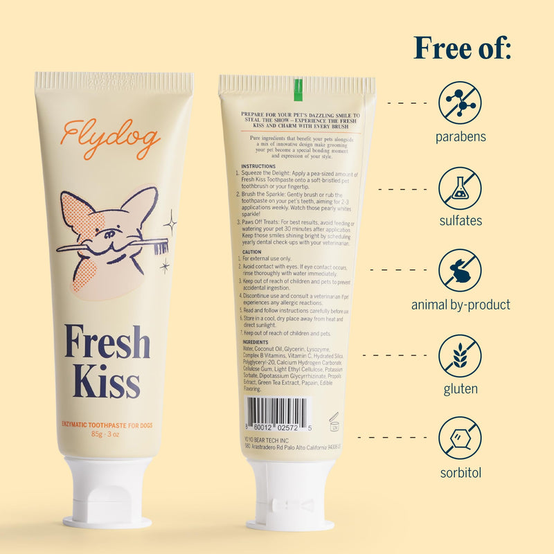 [Australia] - FlyDog Fresh Kiss Dog Tooth Brushing Kit - Vet Approved Formula, Enzymatic Dog Toothpaste and Brush - Breath Freshener & Tartar Remover, 360° Toothbrush & Finger Brush, Dental Guide, Mint Flavor Mild Mint 3 Ounce (Pack of 2) 