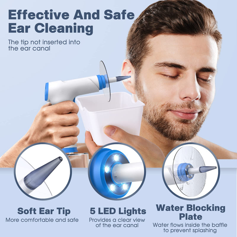 [Australia] - Ear Wax Removal, Electric Ear Cleaning Kit with Light, Ear Irrigation Kit with 4 Pressure Modes, Safe and Effective Ear Flush Kit with Ear Cleaner - Includes Basin, Towel & 15 Tips Blue 
