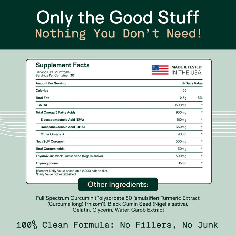 [Australia] - Adapt Naturals Omega 3 Fish Oil Supplement with Bioavailable Curcumin & Black Seed, 1500mg Fish Oil EPA DHA Omega 3 Fatty Acids to Support Joints, Muscles & Heart | Unflavored - 30 Days Supply 30 Count (Pack of 1) 