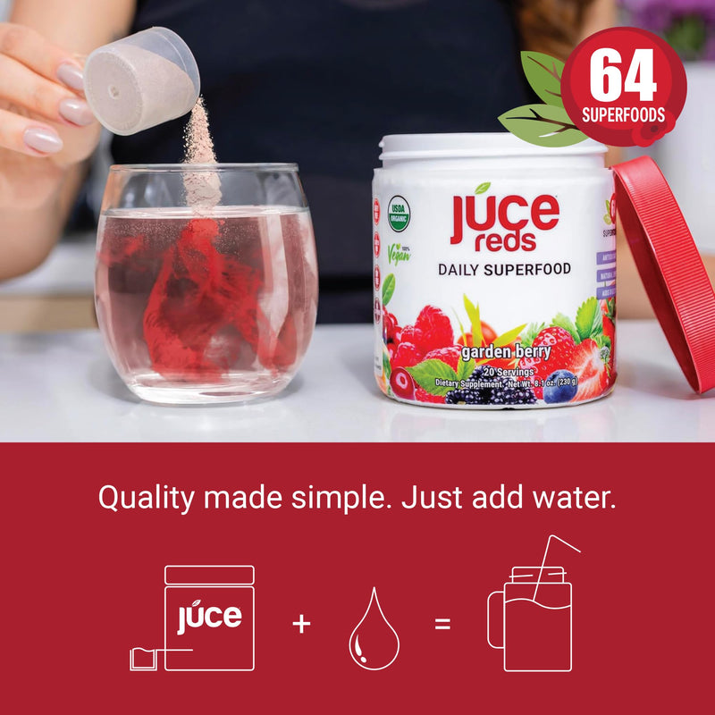 Juce Reds Organic Superfood Powder | Beet Root, 64 Superfoods | 20 Servings | Garden Berry flavor | Probiotics, digestive enzymes & adaptogens | USDA Organic, Non-GMO, Gluten Free