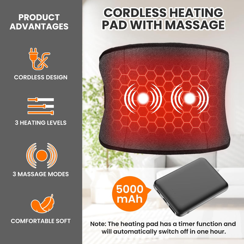 [Australia] - Arlierss Graphene Heat Belt Back with 5000 mAh Battery, Electric Heating Pad with Automatic Shut-Off, Belt Adjustable Straps Heating Belt with 3 Heating Levels & 3 Massage Modes for Pain Relief 002 (Heating + Massage) 