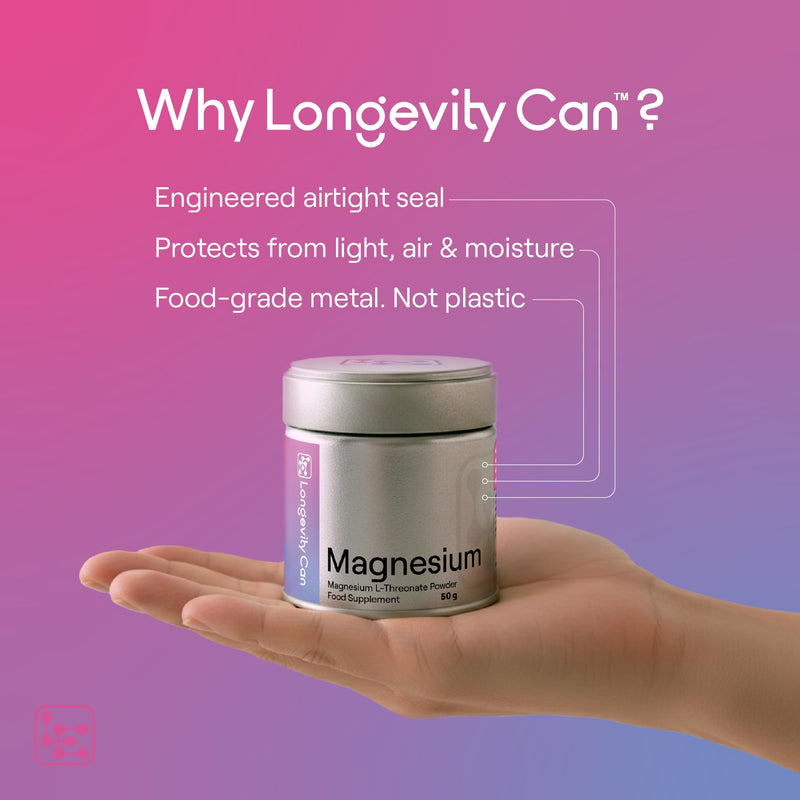 Magnesium L-Threonate Powder 50g | Pure Magnesium L-Threonate | 1500mg (3 Scoops) | ~33 Servings | Unflavoured | Vegan | Additive-Free | Third-Party Tested | Metal Tin