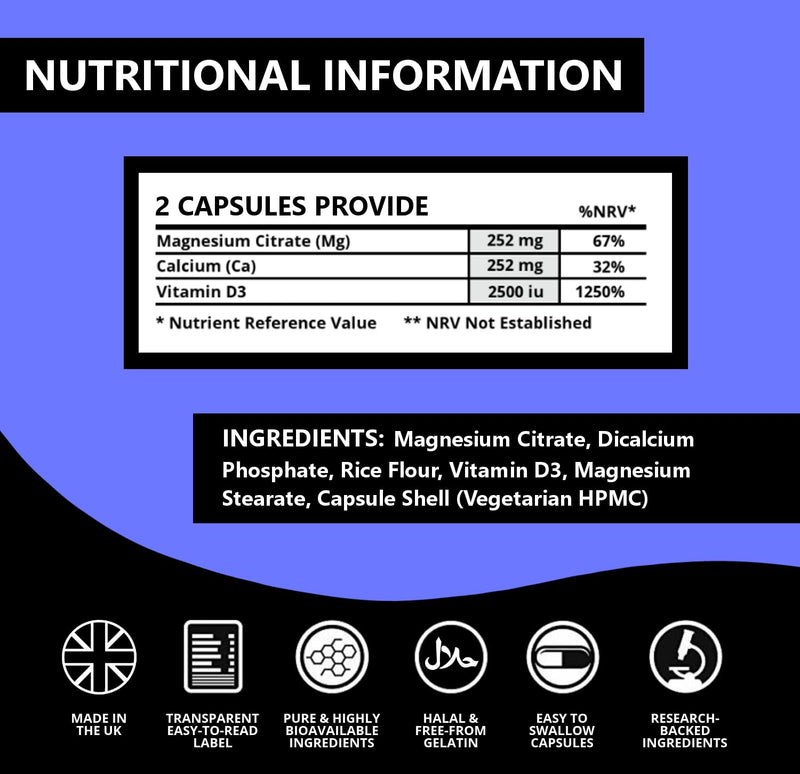 Cramp Relief Supplement, Magnesium Supplement for Muscle & Leg Cramps & Spasms, with Magnesium, VIT D3 & Calcium for Sleep & Muscle Relaxation, Halal & Suitable for Vegetarians, DeenVida Nutrition
