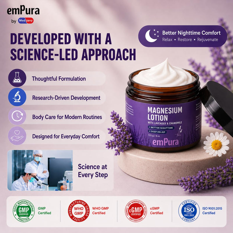 EMPURA Lavender Magnesium Lotion, Relaxing Gifts for Women, 4 Oz | Lavender & Chamomile, Fast-absorbing, Non-greasy, Evening Relaxation, Muscle Relief, Self Care Gifts for Women 4 Ounce (Pack of 1)