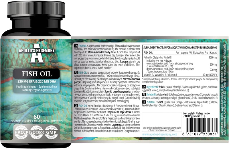 Fish Oil 1000mg - High Dose Omega 3 with 330mg EPA and 220mg DHA - 60 Softgel Capsules - 2 Months Supply - Unsaturated Fatty Acids (EFAs) - Supports Heart and Brain Health - by Apollo's Hegemony Capsule 60 count (Pack of 1)