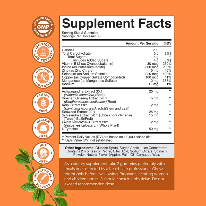 Natures Craft Thyroid Support Gummies - Thyroid Support Gummies for Comprehensive Support for Men and Women with Iodine Selenium and Other Potent Vitamins - Gelatin-Free Non-GMO - 120 Count