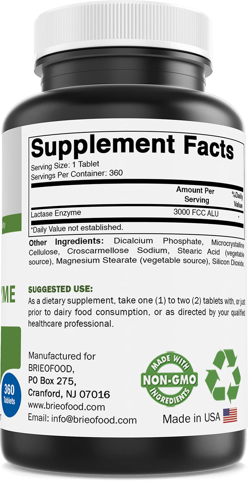 [Australia] - Brieofood Lactase Enzyme Pills - 3000 FCC ALU - 360 Tablets - 360 Servings - Non-GMO, Gluten Free 