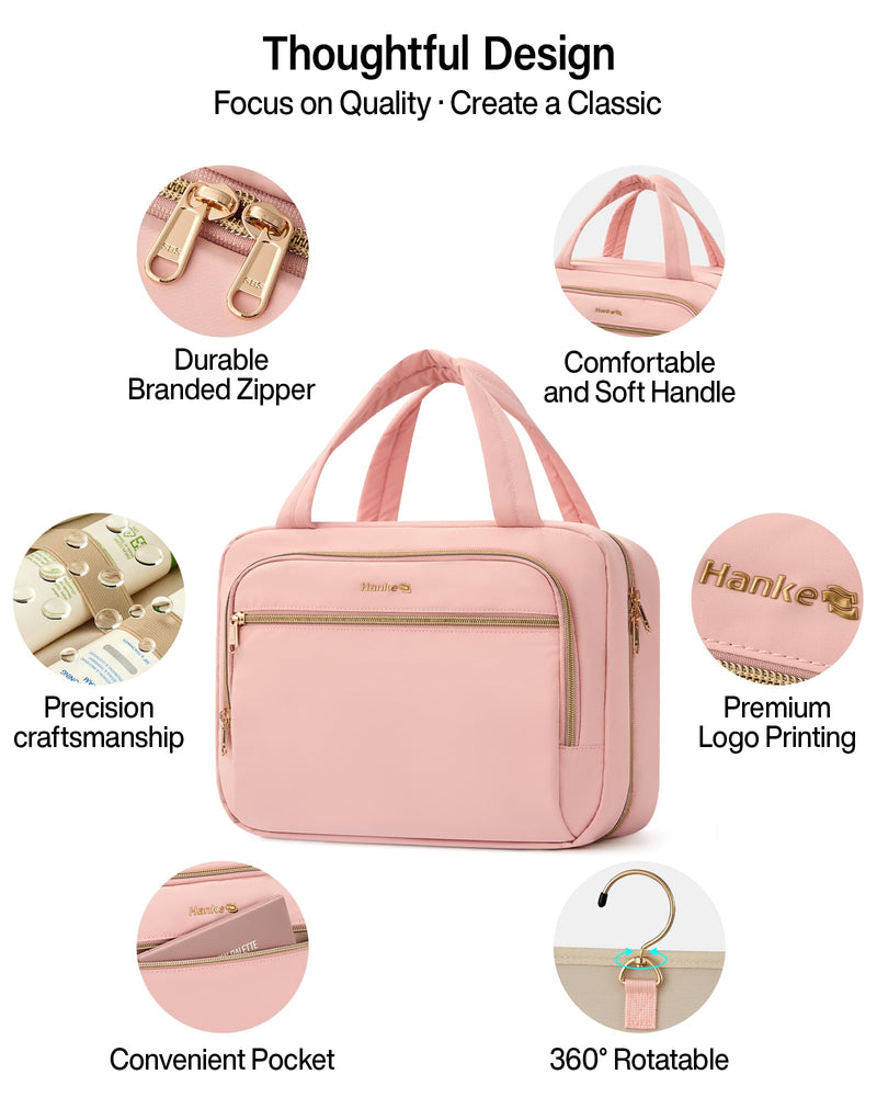 Hanke Hanging Travel Toiletry Bag for Women, Water-Resistant Makeup Organizer with Hook, Cosmetic Bag for Bathroom & Travel Essentials Accessories, Pink