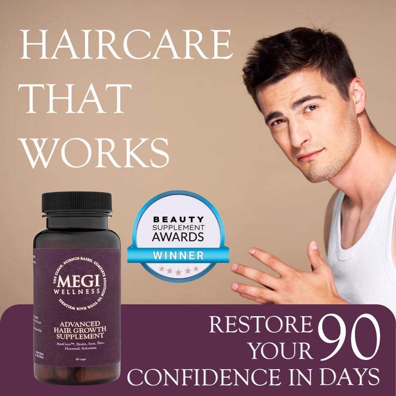 MEGI Wellness Hair Growth Supplement for Women & Men – Biotin, Zinc & Iron Hair Vitamins for Thinning Hair – DHT Blocker with AnaGain™ – Supports Regrowth & Volume – Vegan, 60 Capsules