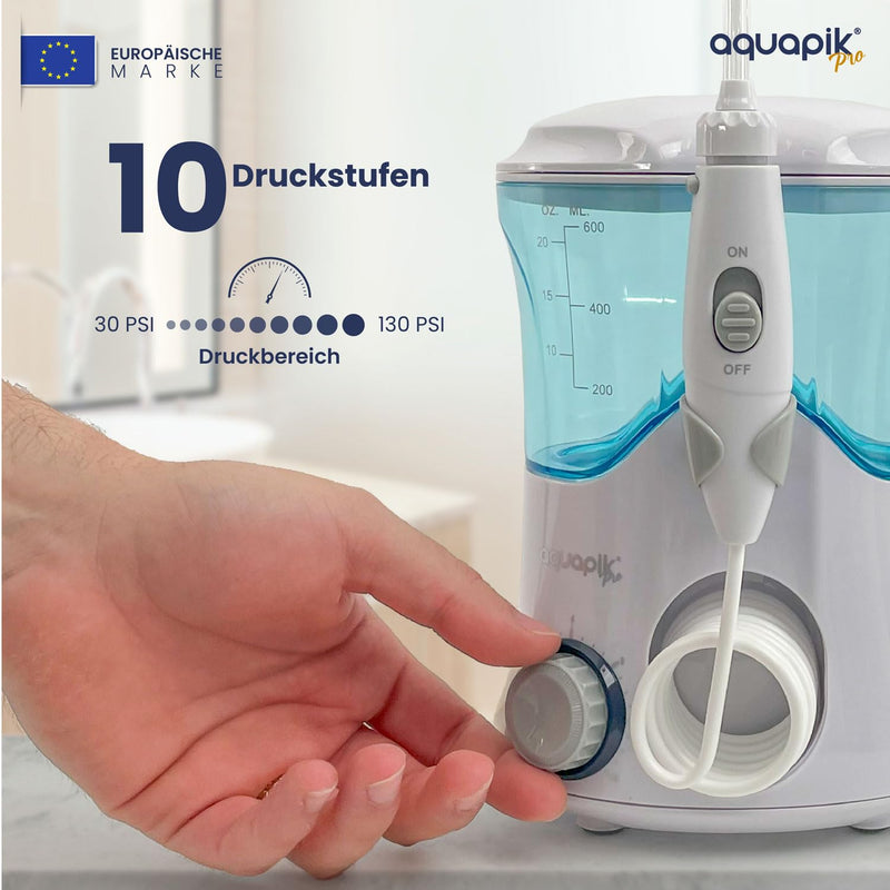 [Australia] - Aquapik® PRO Professional Oral Irrigator | Removes plaque + Recommended by dentists + Cares for your implants and braces | Oral irrigator with 8 nozzles + 10 pressure levels + 600 ml capacity white 