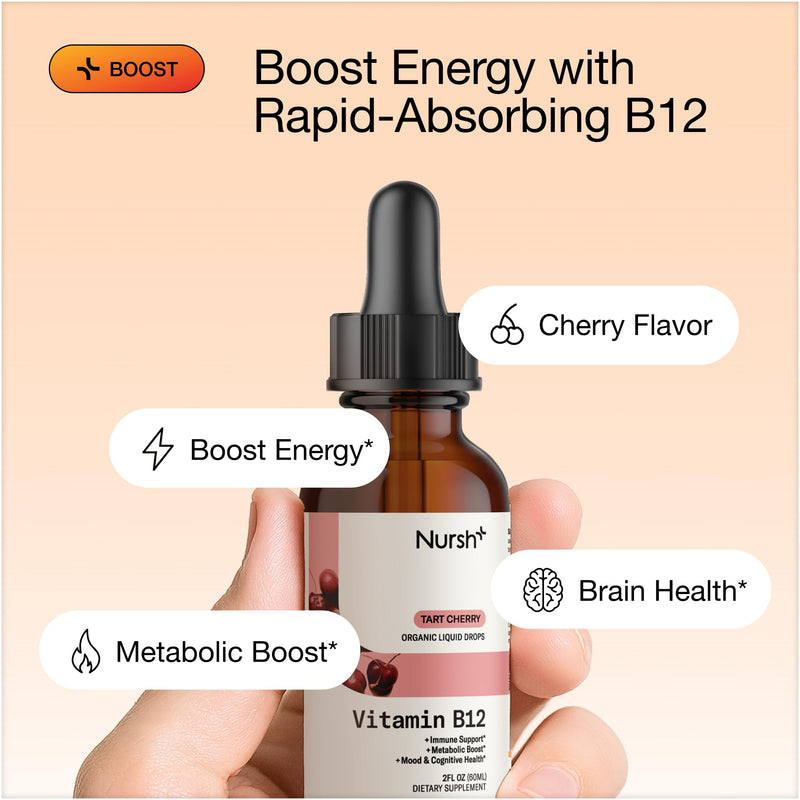 Nursh+ Boost Sublingual Vitamin B12 Liquid Drops – Extra Strength 5000 mcg Methylcobalamin for Energy Boost & Daily Wellness, Fast Absorbing, USDA Certified Organic & Vegan, 2 fl oz