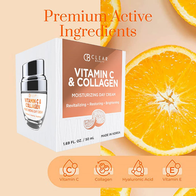Clear Beauty Vitamin C & Collagen Face Moisturizer – Anti Aging Day Cream, Hydrates, Firms & Revives Dull, Tired Skin – Dermatologist Tested, Korean Skin Care, Vegan Clean Beauty – 1.69 Fl Oz Vitamin C and Collagen