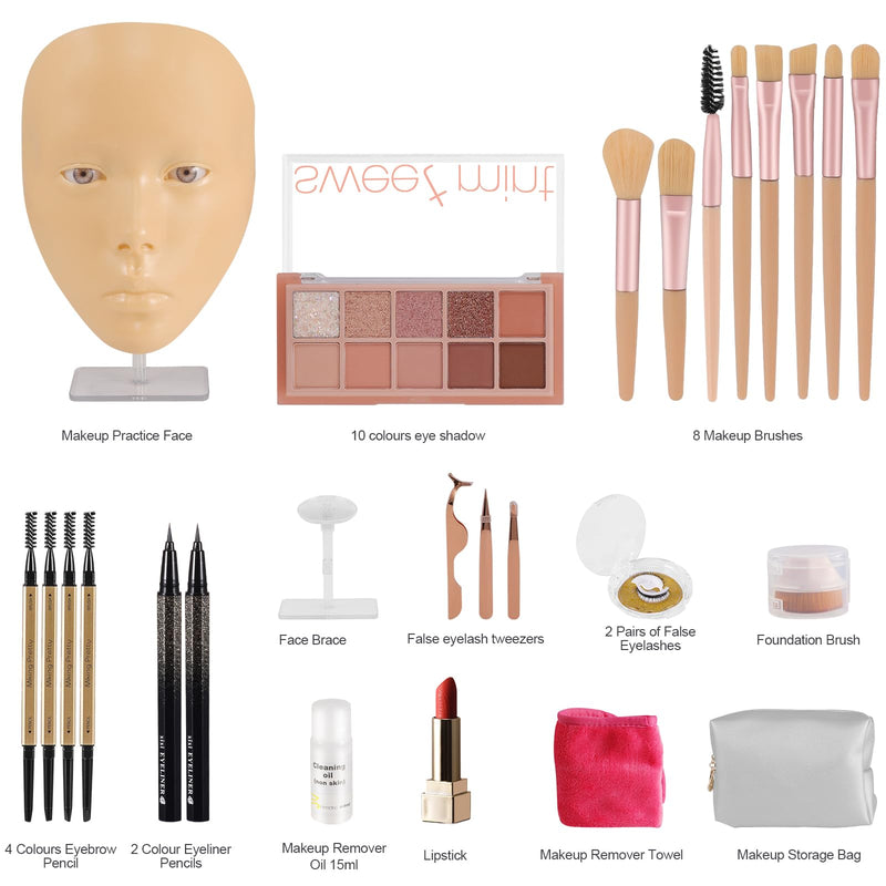 [Australia] - 3D Makeup Practice Kit, Reusable Silicone Practice Face Board/Makeup Mannequin Face,with Brushes&Eyebrow Pencils&Eyelashes&Bag&Eyeshadow&Lipstick 