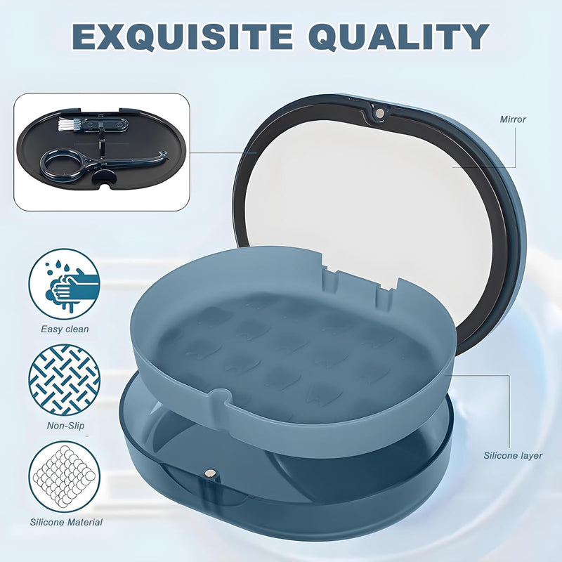 [Australia] - New Double-layer Retainer Storage Case with Belt Chewing,Removal Tool,Cleaning Brush,Built in Mirror Orthodontic Retainer Case,Mouth Guard Case,Denture Case blue 