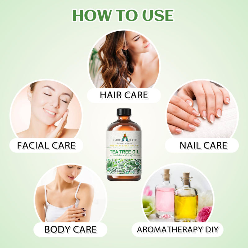 [Australia] - EVOKE OCCU 100% Pure Tea Tree Essential Oil for Toenail Fungus,Hair Damage,Skin Problems,Add to Shampoo,Body Wash,Conditioner 4 FL Oz 4 Fl Oz (Pack of 1) 