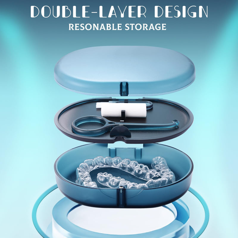 New Double-layer Retainer Storage Case with Belt Chewing,Removal Tool,Cleaning Brush,Built in Mirror Orthodontic Retainer Case,Mouth Guard Case,Denture Case blue