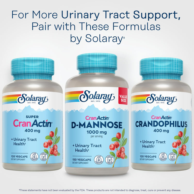 [Australia] - SOLARAY D-Mannose with CranActin Cranberry Supplement 1000mg, Urinary Tract Health & Bladder Support Capsules with Vitamin C, Vegan, 60 Day Guarantee, 75 Servings, 150 VegCaps 150 Count (Pack of 1) 