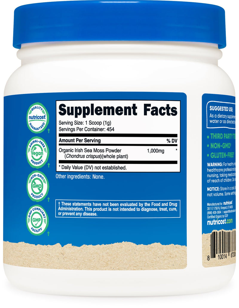 Nutricost Organic Irish Moss Powder (1 LB) Gluten Free, GMO-Free | Vegetarian Friendly