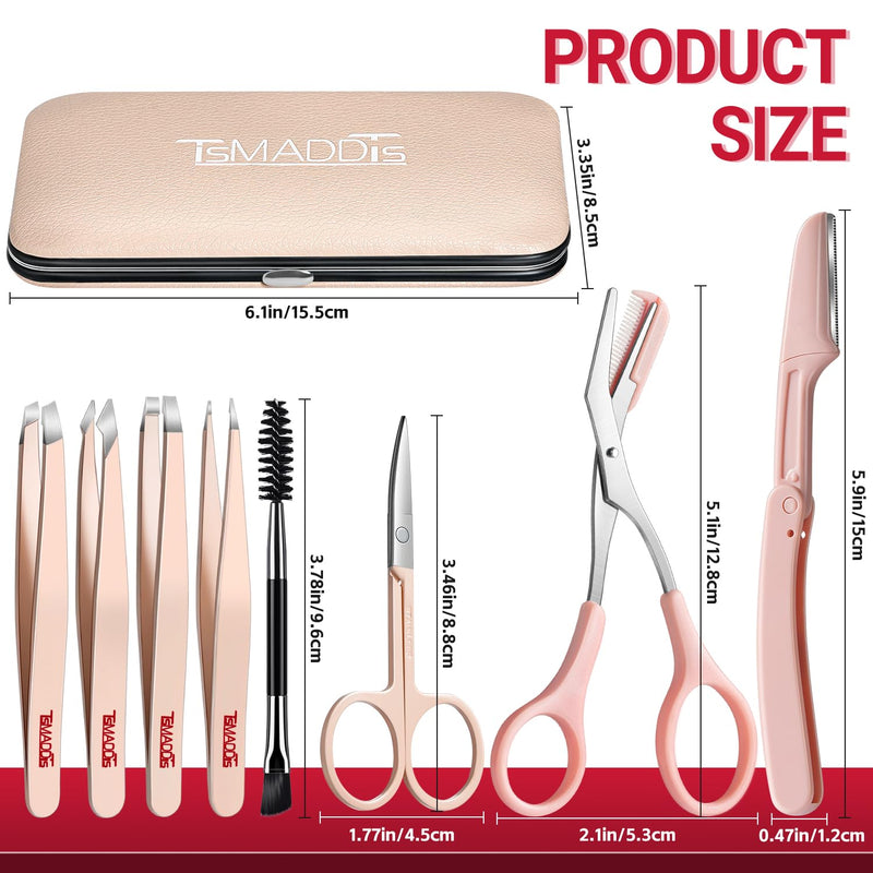 TsMADDTs Tweezers for Women Facial Hair, 8 in 1 Eyebrow Kit with Tweezers, Eyebrow Trimmer Scissors, Razor, Brush with Travel Bag, Hair Plucking Daily Beauty Tools A-pink