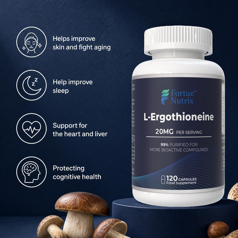 L-Ergothioneine Capsules 20mg per Serving, 99.9% High Purity Ergothioneine Supplement - Antioxidant for Liver Detox & Immune Health, Supports Healthy Aging & Cellular Energy, Vegan, 120 Capsules