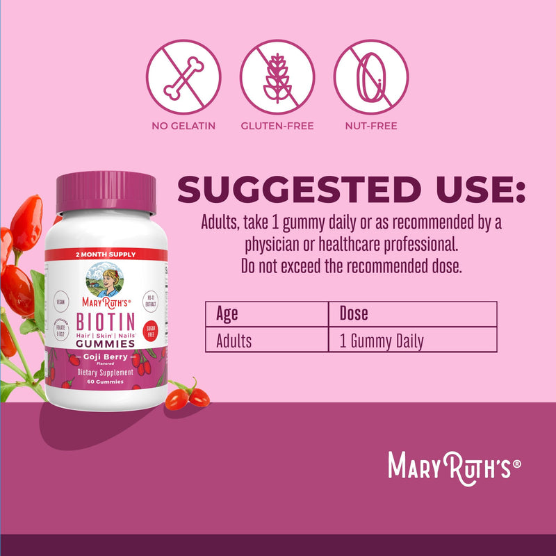 MARYRUTH'S Biotin Gummies, Hair Growth, Vegan, Sugar Free, Non-GMO, 60 Ct | Sugar Free, Vegan, Non-GMO, 2,500 mcg Biotin, Hair Skin and Nails 60 Count (Pack of 1)