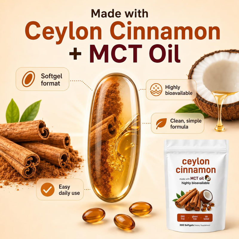 Ceylon Cinnamon Capsules with MCT Oil, 300 Softgels – Cinnamomum Verum Extract 600mg Per Daily Serving, High Absorption Softgels, Non GMO & Gluten Free Cinnamon Food Supplement, 100 Day Supply