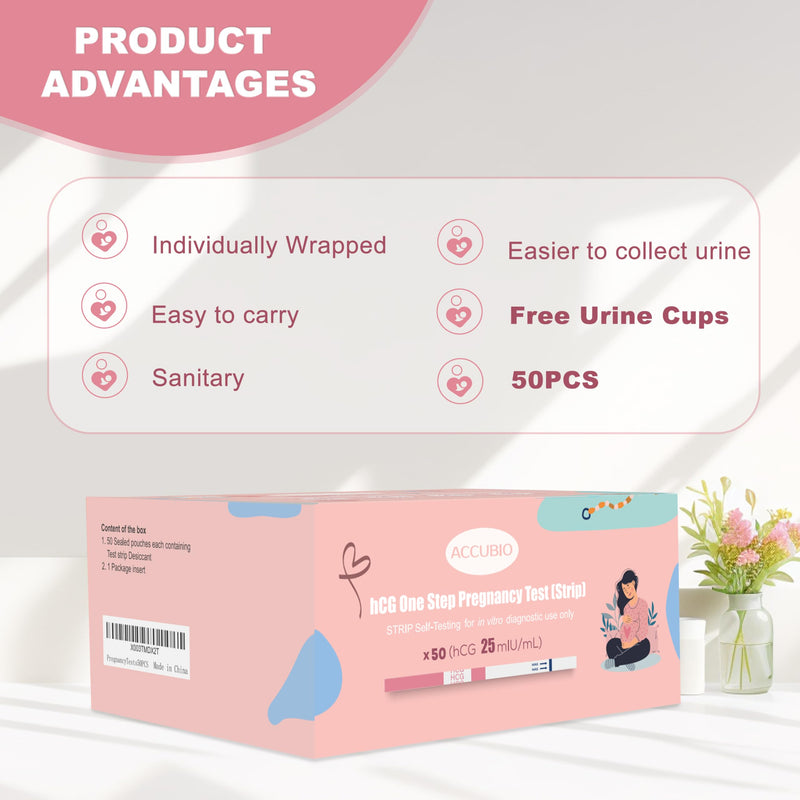 Pregnancy Test Strips with Urine Cups, hCG Detection Home Pregnancy Tests, Sensitive & Over 99% Accurate, 50 Count Individually Wrapped, Rapid hCG Test Strips, 5mm Wider 25mIU/mL