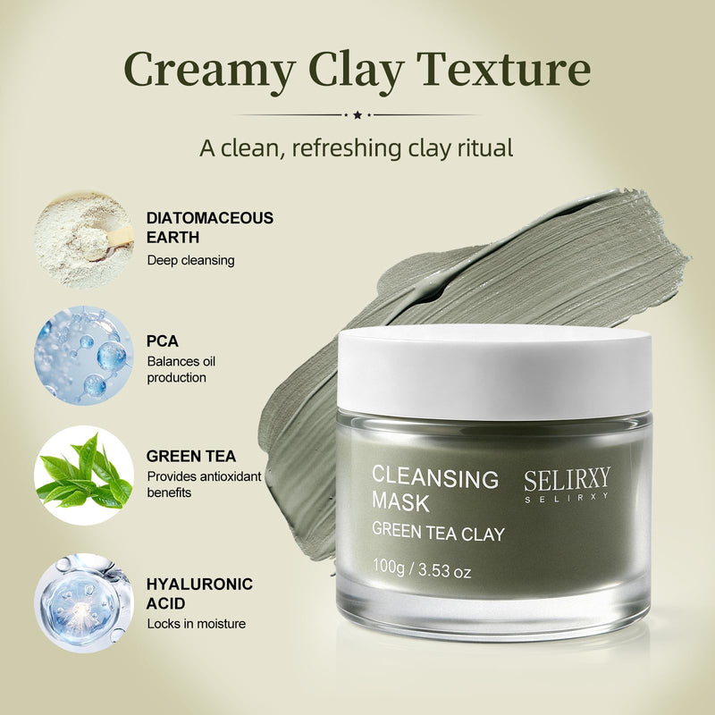 Green Tea Clay Mask, Clay Masks Deep Pore Cleansing, Wash-Off Mask with Hyaluronic Acid, Zinc PCA, Allantoin & Vitamin E, Hydrating Skincare for Oily Skin, Blackheads 3.53 fl.oz