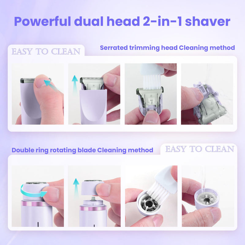[Australia] - Bikini Trimmer for Women-2 in 1 Dual Head Electric Razors,IPX7 Waterproof Bikini Electric Shaver,Dry & Wet Use Painless Bikini Shaver,Pubic Hair Trimmer for Private Area & Body Hair,Purple Purple 