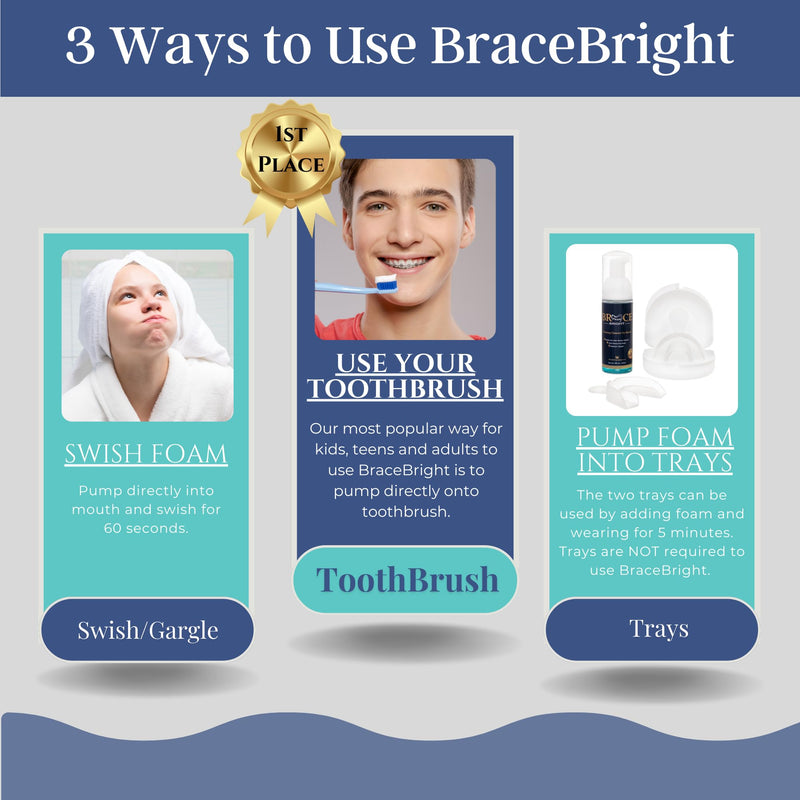 [Australia] - Teeth Whitening for Braces Cleaner kit under metal, ceramic, clear brackets & wires. Use w/ Toothbrush, Rinse or in Trays. No Sensitivity. Fights Plaque, Minty Foam, Kid Friendly, Tooth Stain Remover 