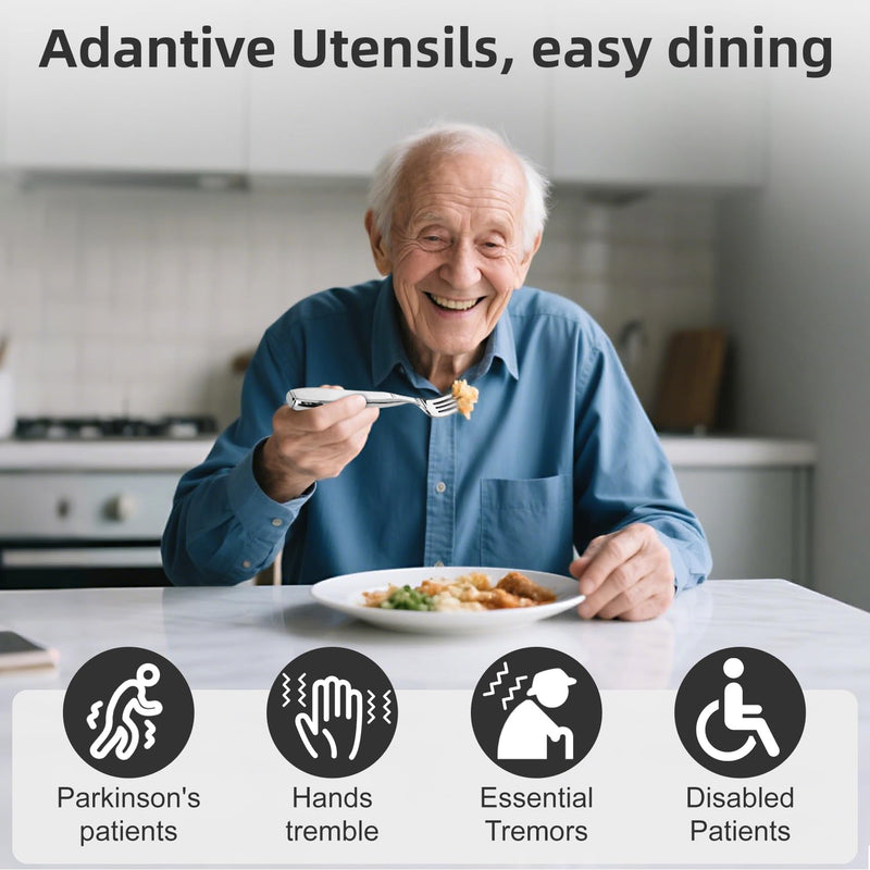[Australia] - Weighted Utensils for Hand Tremors and Parkinson's Patients - 4 Piece Set of Heavy Stainless Steel Silverware for Elderly, Arthritis, Weak Hand Grip - Includes Knife,Fork,Spoons with Travel Bag,7 Oz 