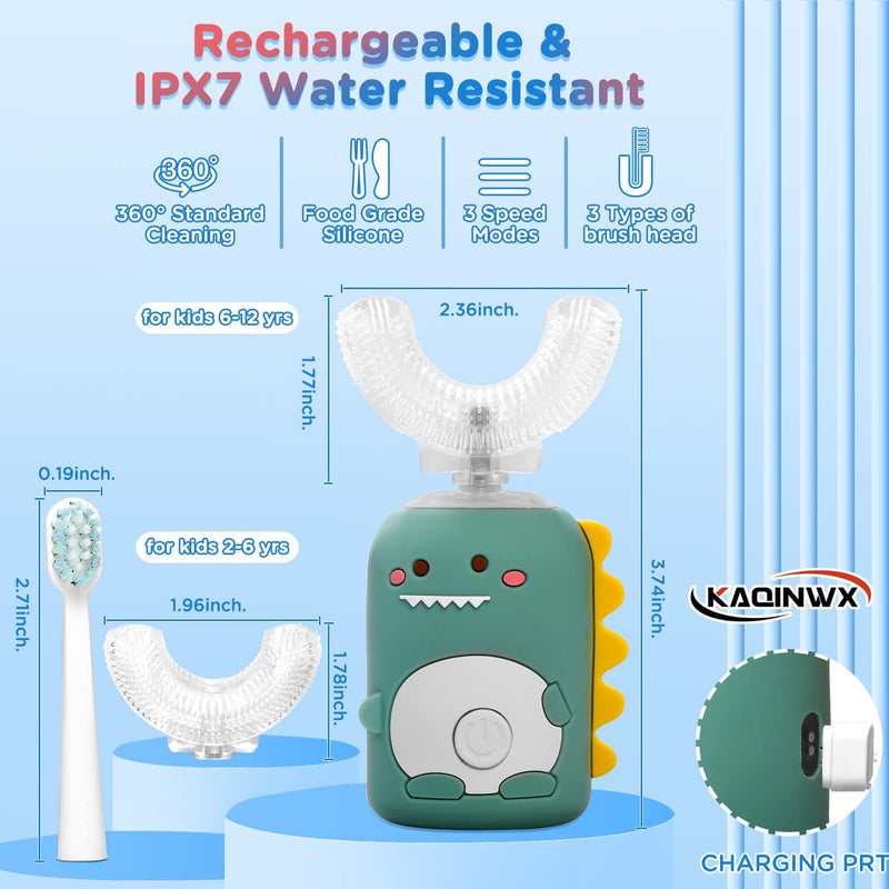 [Australia] - Kids Electric Toothbrushes, U Shaped Ultrasonic Toothbrush, Rechargeable Kids Toothbrush w/Smart Timer, 3 Brush Heads Replacement, 3 Clean Modes, IPX7 Water Resistant for Child 2-12 Green 