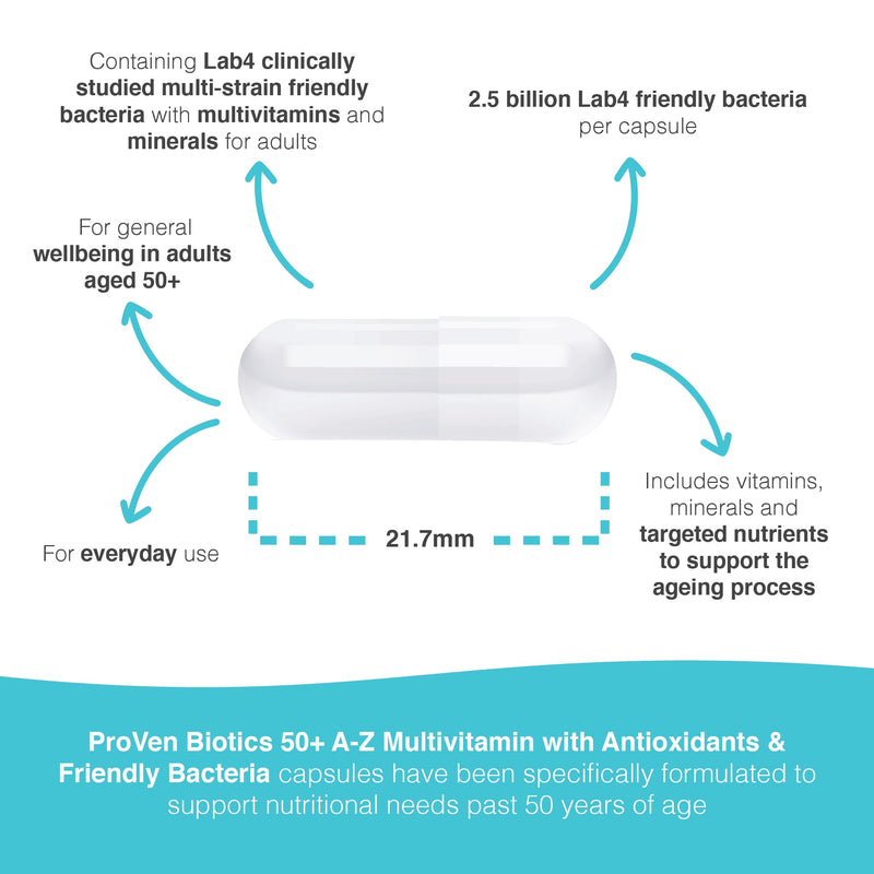 Pro-Ven Probiotics for Adults Age 50+ | Gut Health & Immune System Support | 2.5 Billion CFU Friendly Bacteria & Multivitamin Supplement | 30 Capsules
