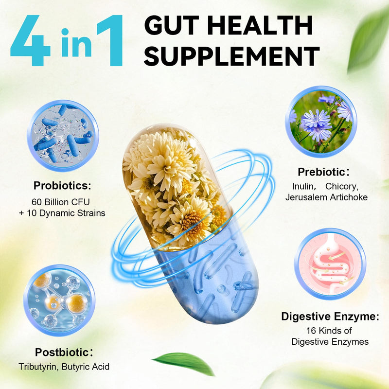[Australia] - 4-in-1 Gut Health Supplement with Probiotics, Prebiotics, Postbiotics & Digestive Enzymes for Women & Men, 60 Billion CFU Probiotics for Gut and Digestion, Strong Immunity, Skin (120 Capsules) 120 Count (Pack of 1) 