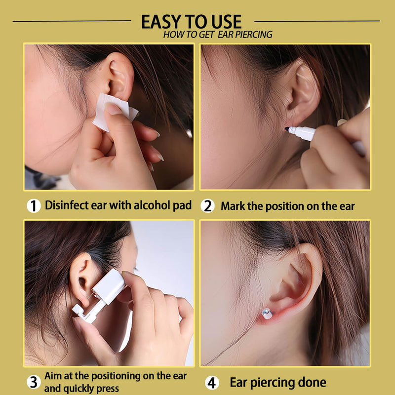 Get the Perfect Ear Piercing with 24Pcs Premium Ear Piercing Kit - Includes 8 CZ Diamond Earrings and 8 Easy-to-Use Self Ear Piercing Gun - Safe, Hypoallergenic, and Painless Gold