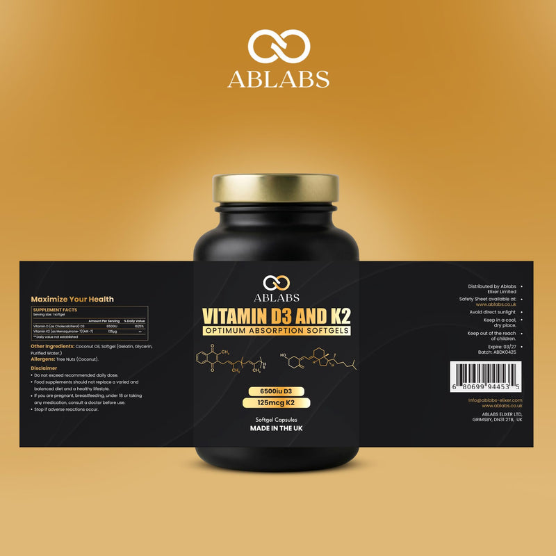 Vitamin D3 (6500iu) & Vitamin K2 MK7 (125μg) Premium Softgel I Ablabs I Made in UK I High-Strength (60) 60