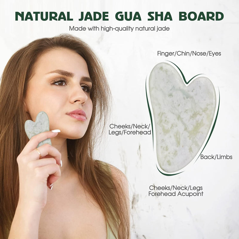 Jade Roller and Gua Sha Set - 100% Natural Jade Stone Face Roller, Dual Sided Massage Roller Stimulates Blood Flow, Relieves Stress, Reduces Signs of Aging, Travel Pouch Included, Gift Box